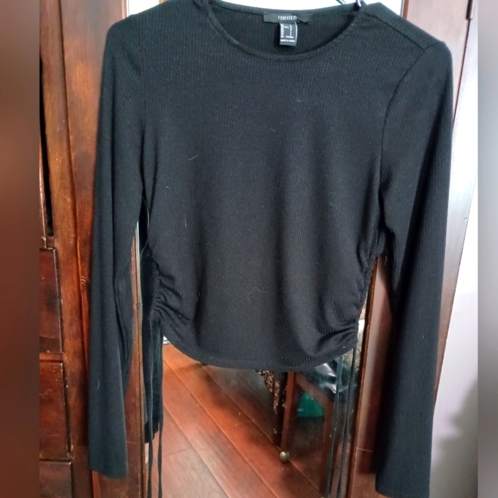 Forever 21 Trendy Black Long Sleeve Open Back Tie Top_Large